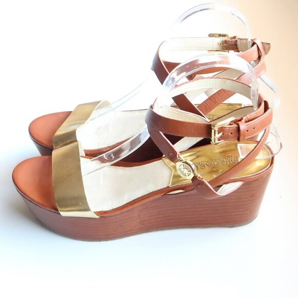 Michael Kors Brown & Gold Platform Wedge Strappy Open Toe Sandals / Summer Shoes - Picture 10 of 16